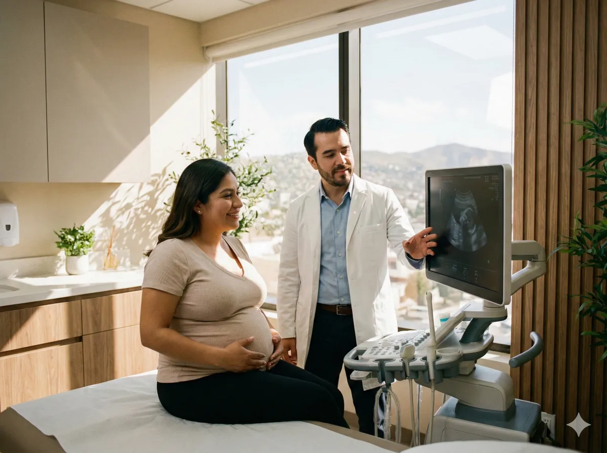Mujer embarazada mayor de 35 años en consulta con su ginecólogo en Tijuana