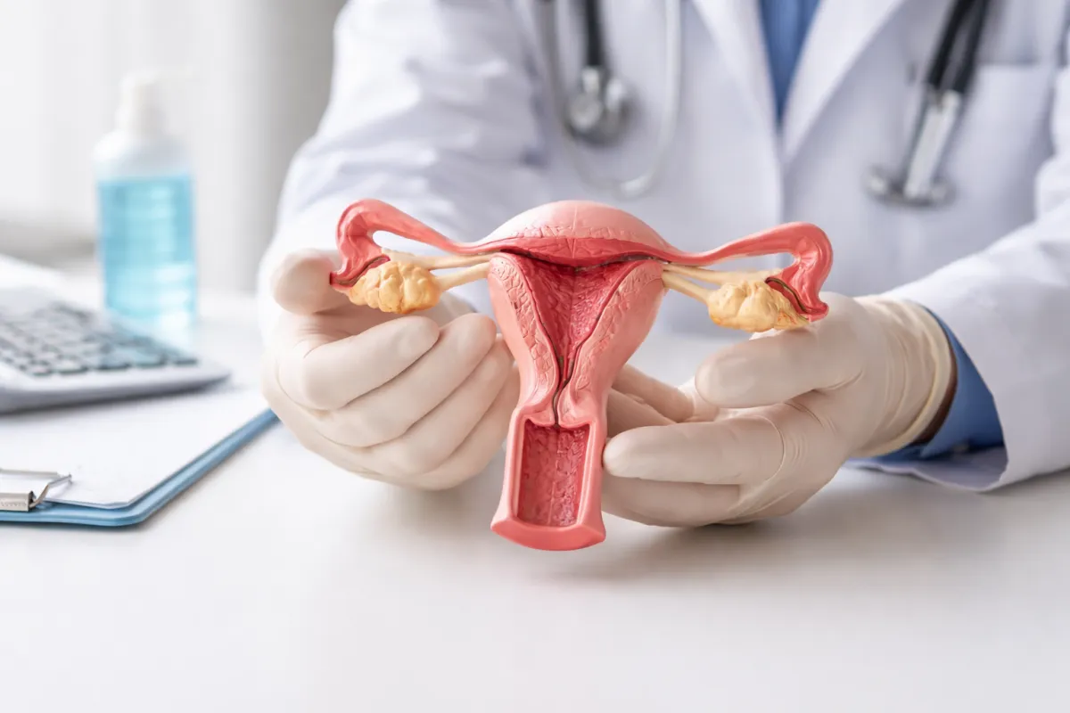 Manos de ginecólogo sosteniendo modelo anatómico de útero y cérvix en consultorio, imagen realista y discreta.