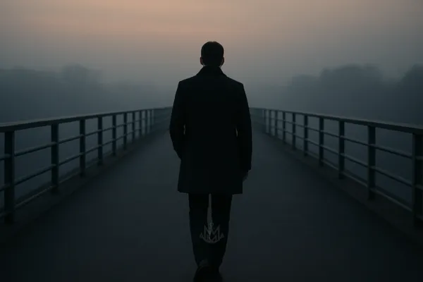 A lone figure stands on quiet bridge at dawn, facing forward into soft fog and open space—symbolizing the uncertain but sacred transition from survival to truth.