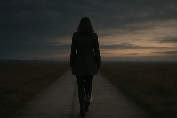 A woman walks down a cracked concrete path through an open field at dusk, moving toward a faint golden horizon. The scene evokes quiet courage, isolation, and a sense of purpose in the midst of uncertainty.