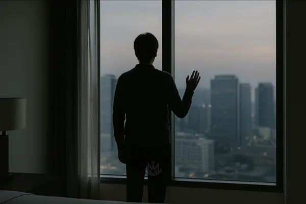 A person stands alone in front of a high-rise window at dawn, gazing out at the quiet city. The room is minimal and clean, but emotionally distant, symbolizing the tension between external success and internal disconnection.