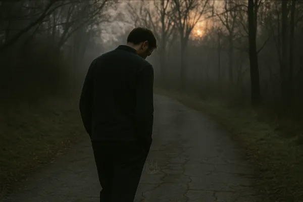 A man walking alone on a wooded trail at dusk, back turned, surrounded by muted trees. 