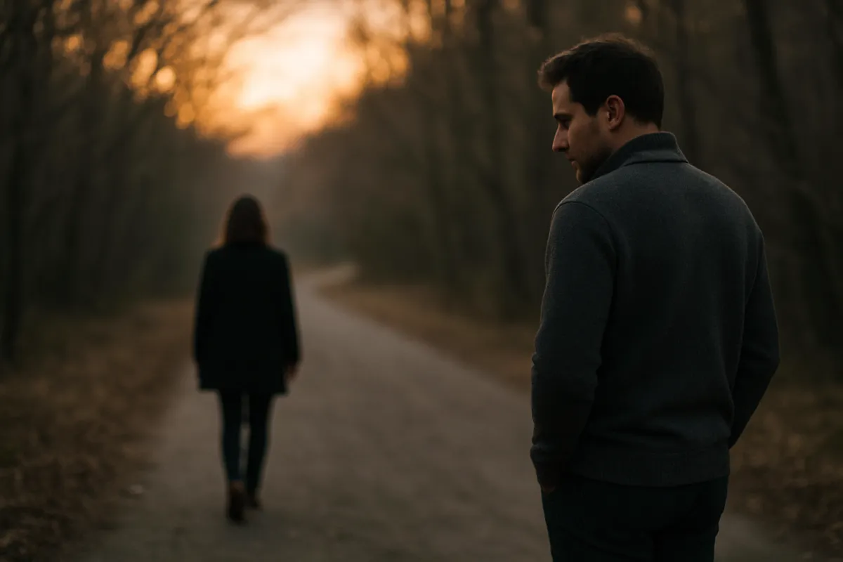 A man walks alone along a path at dusk, head slightly bowed. The light is soft, and the air feels quiet, like something important has gone unspoken. The image reflects emotional distance, inner ache, and relational disconnection.