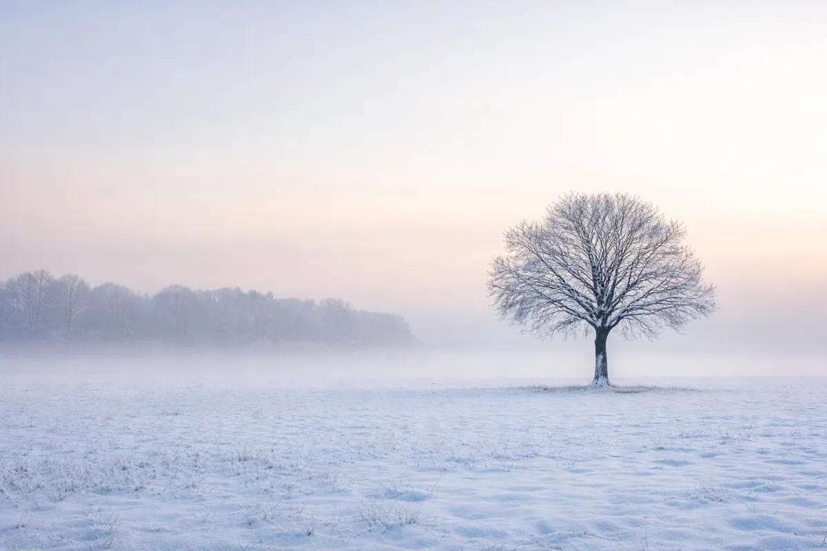 A quiet winter landscape with still bare trees and soft light, reflecting a season of completion and rest.