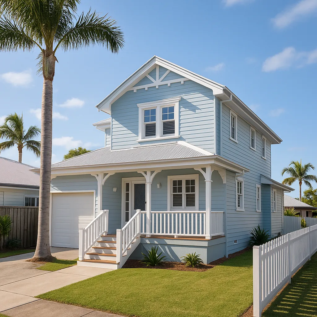 Modern Queenslander-style coastal home with freshly painted light blue exterior, white trim, and a neatly landscaped yard under a sunny blue sky.