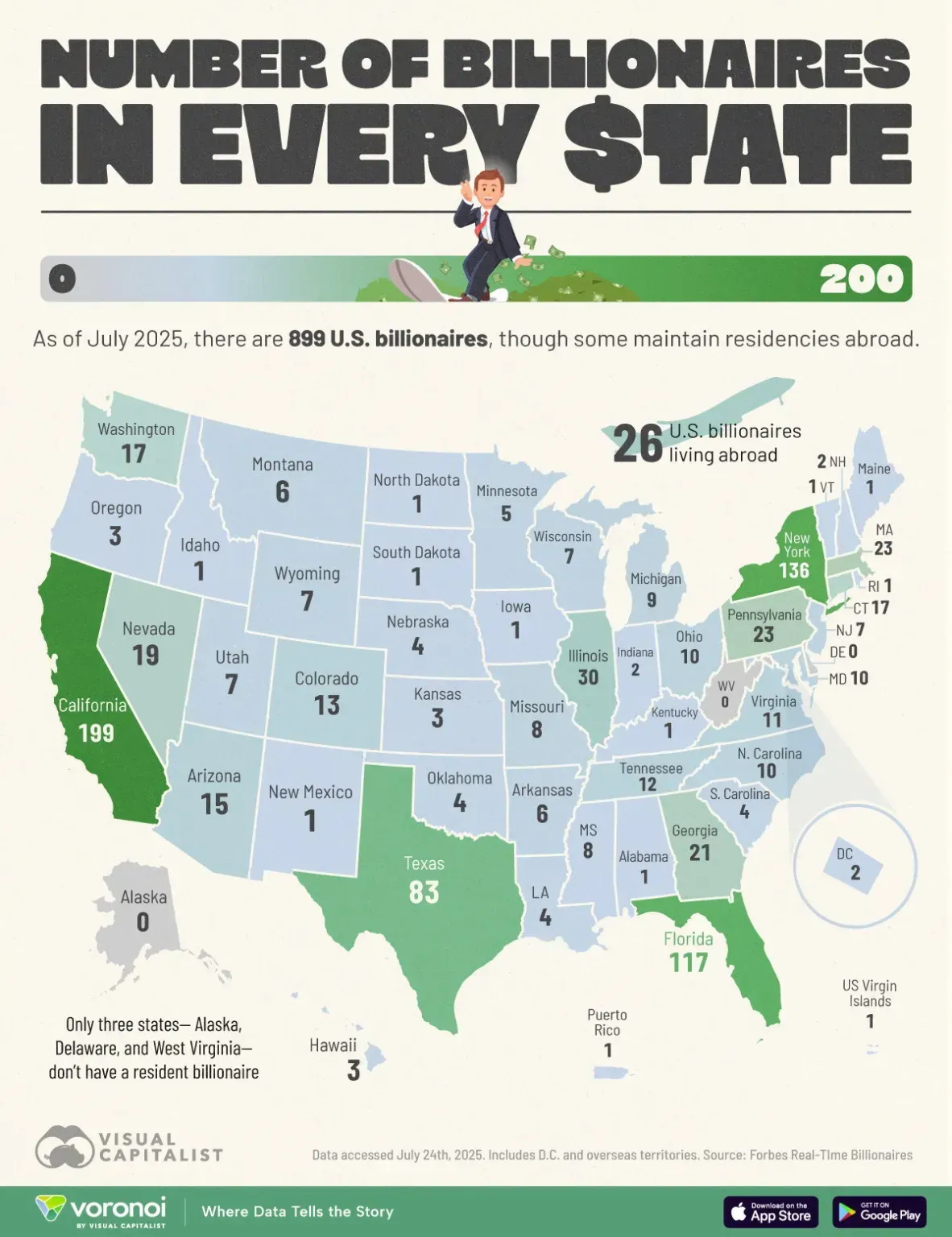 Infographic map of the United States showing the number of billionaires in each state, with gold highlights over top wealth regions