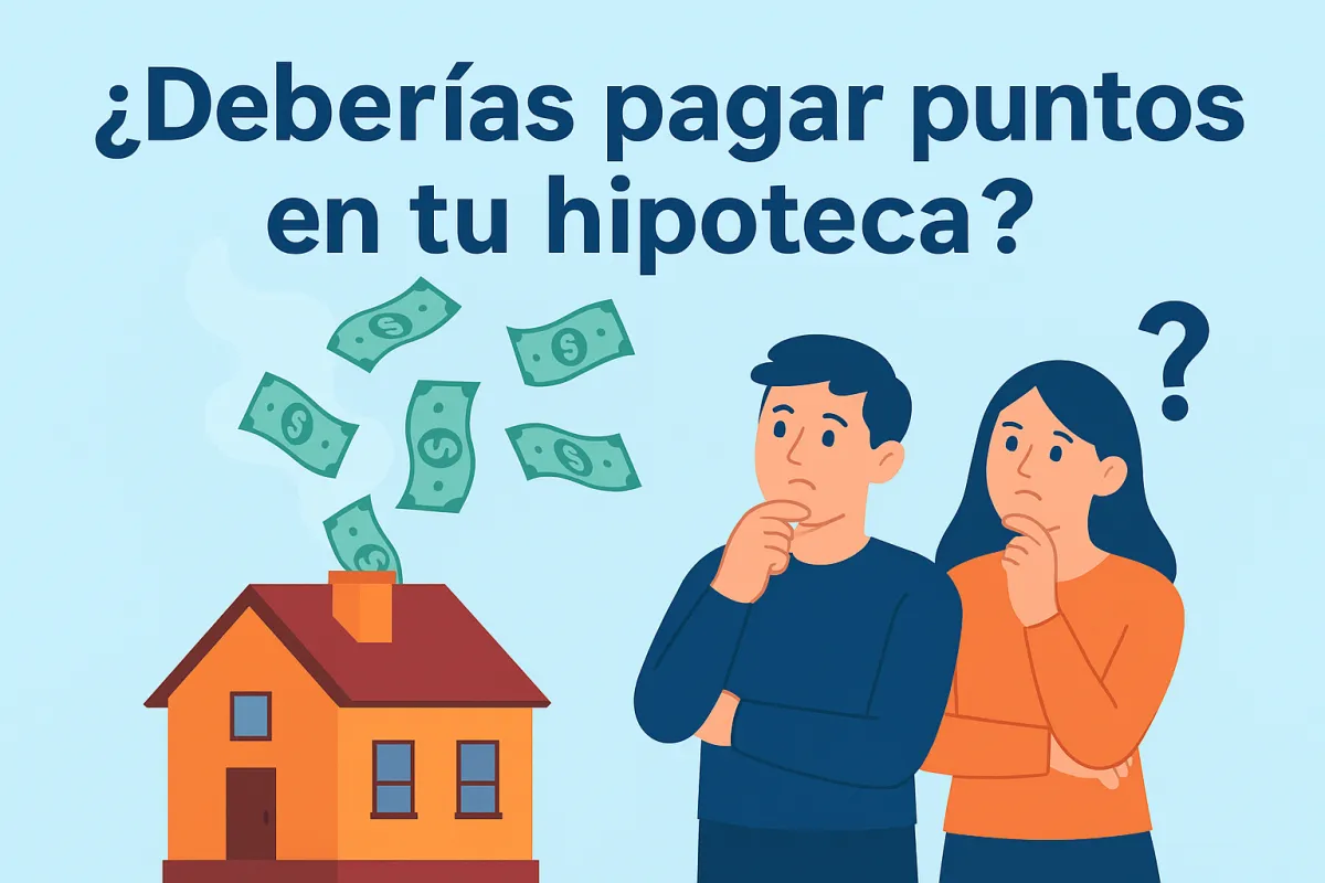 Pareja pensativa frente a casa con billetes saliendo por la chimenea. Texto: “¿Deberías pagar puntos en tu hipoteca?”. Representa la duda común de los compradores.