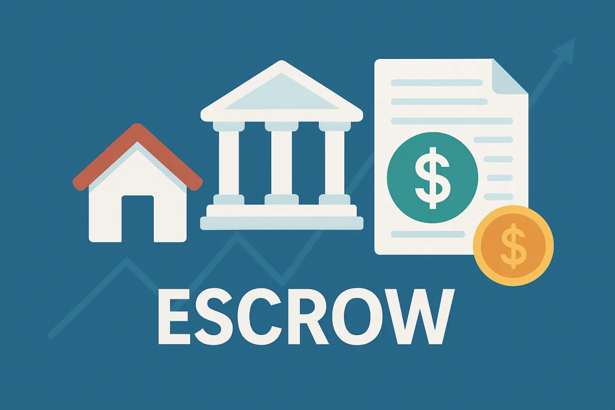 Ilustración de concepto escrow con íconos de casa, banco, documento con símbolo de dólar y moneda sobre fondo azul, representando el funcionamiento del escrow en hipotecas.