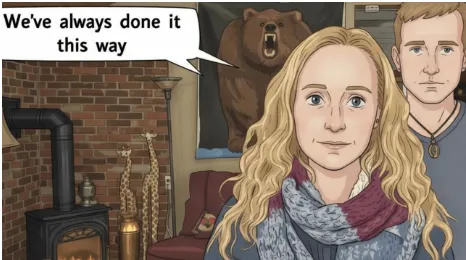 Penny as cartoon with son behind her.