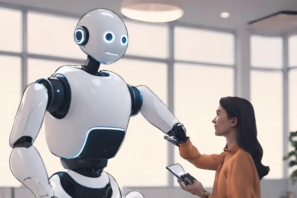 A person interacting with a friendly robot that represents an AI agent. This image could convey the ease of use and accessibility of OpenAI's GPT platform.