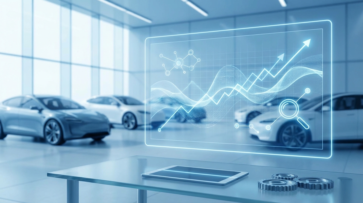 Car dealership owner analyzing research data on multiple screens showing statistics, charts, and media coverage metrics for automotive industry research