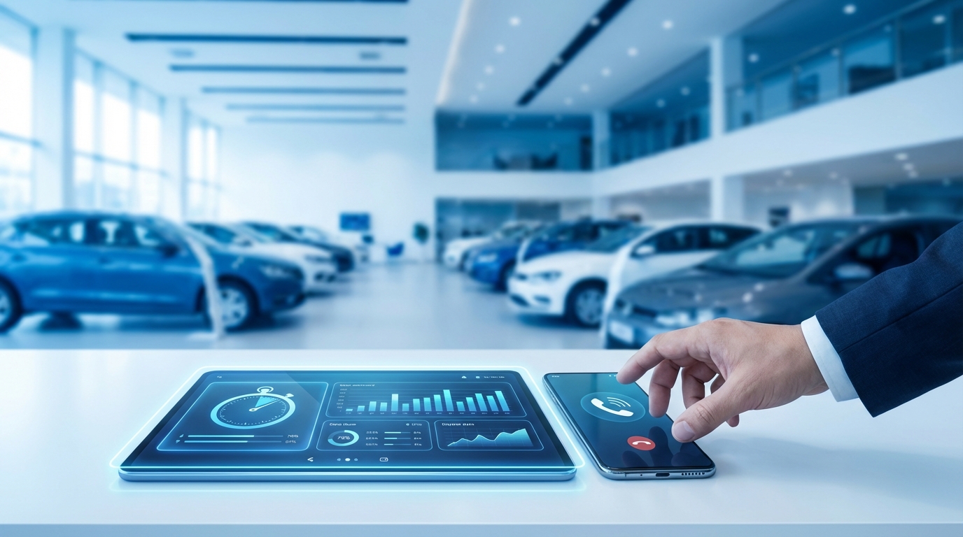 Digital dashboard showing speed-to-lead tracking metrics and leaderboard for car dealership sales team performance monitoring