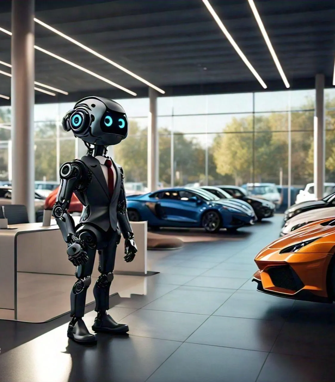 AI-powered interactive display in a car showroom, highlighting personalized recommendations and the positive impact of AI on customer service.