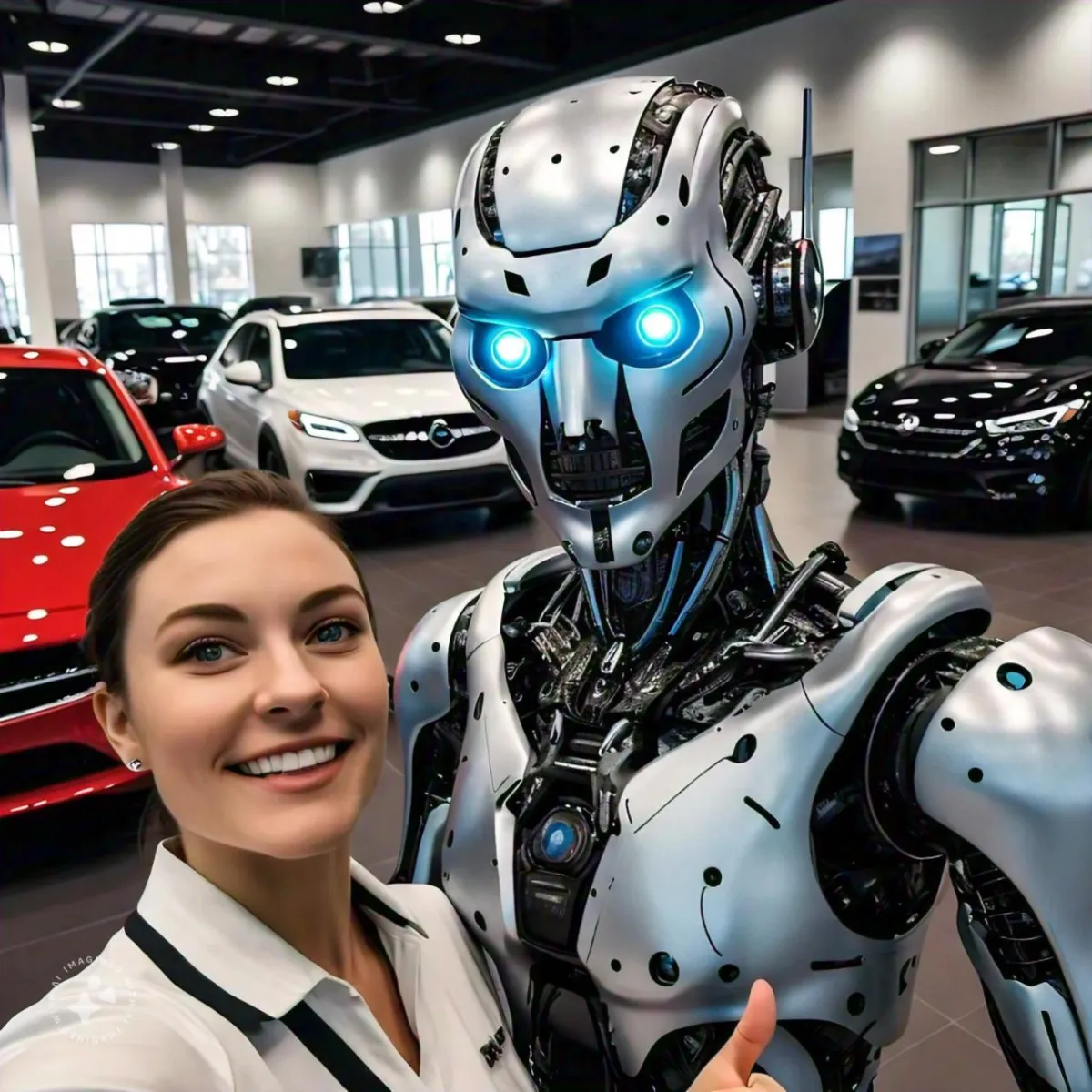 AI chatbot and a dealership salesperson posing together for a photo in a dealership showroom.