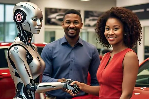A robot salesperson selling a car to happy customers