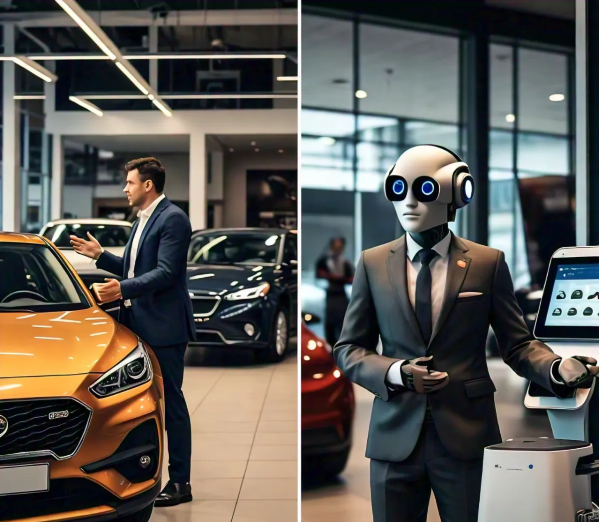 Split image showing a car dealership salesperson engaging with a customer face-to-face on the left and an AI chatbot interface displayed on a computer screen on the right, illustrating the contrast between traditional sales methods and AI technology.