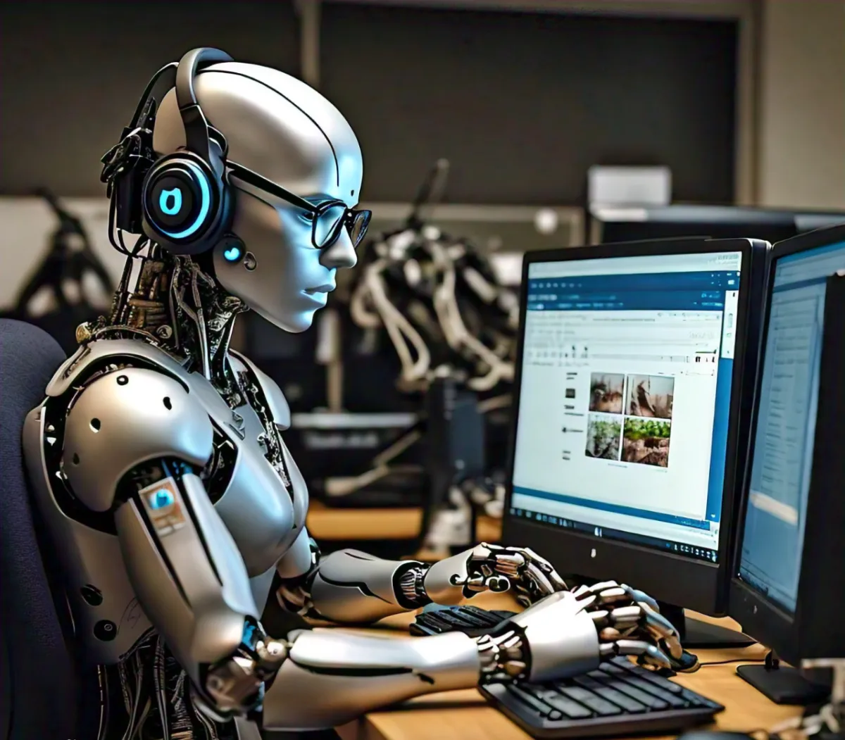 image showing a car dealership robot creating social media ads on a laptop and a vibrant social media feed displaying their ads with likes and comments.