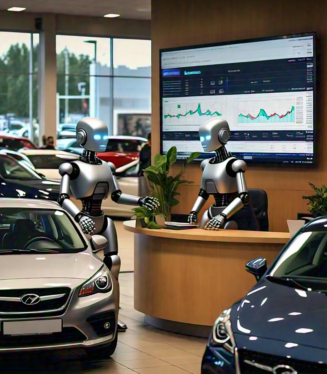 Car dealership salesperson engaging with a customer while an AI dashboard on a computer screen shows lead management and performance metrics.