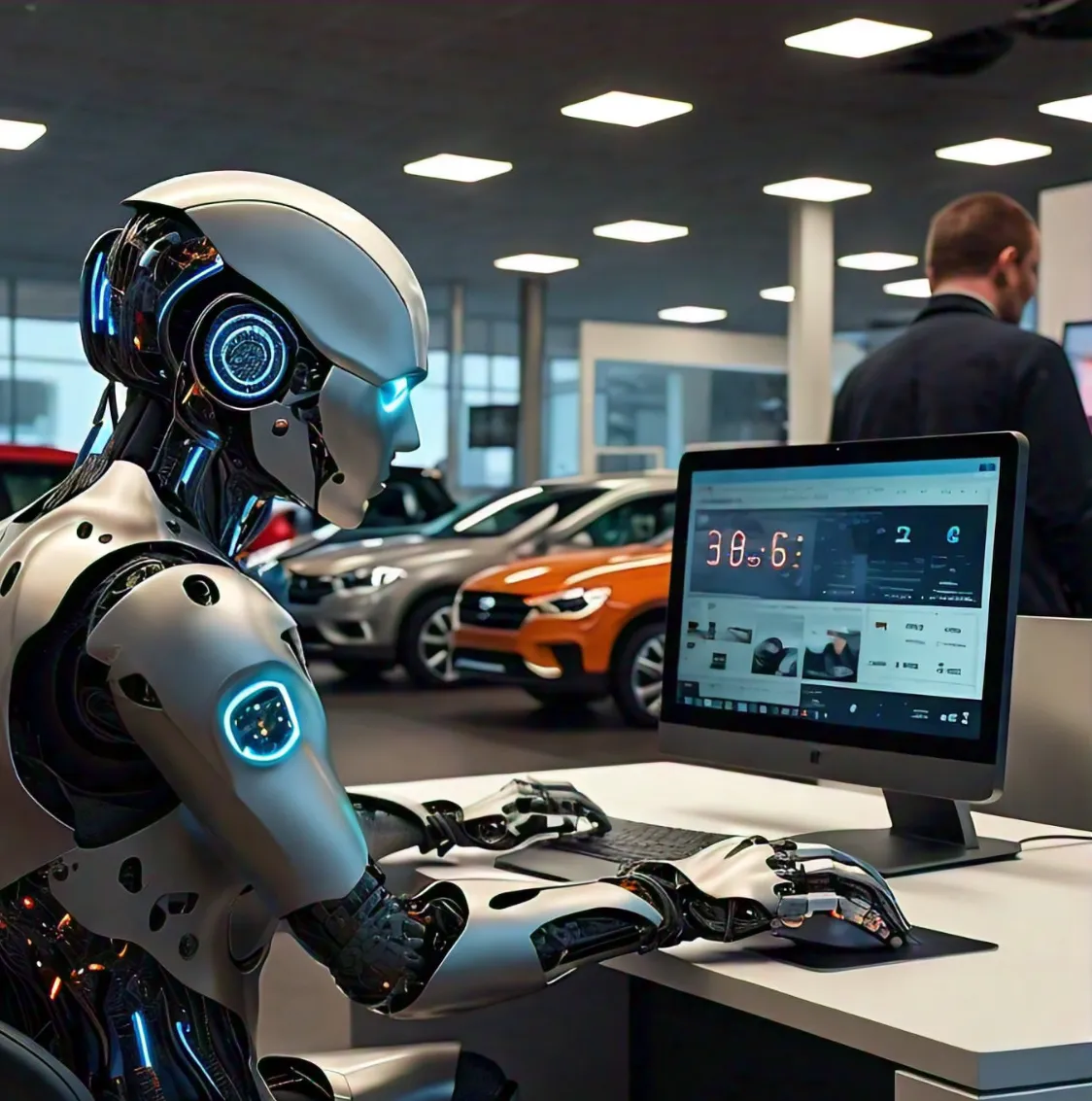 Car salesperson at a desk using an AI dashboard to manage lead follow-ups while talking to a customer on the phone.