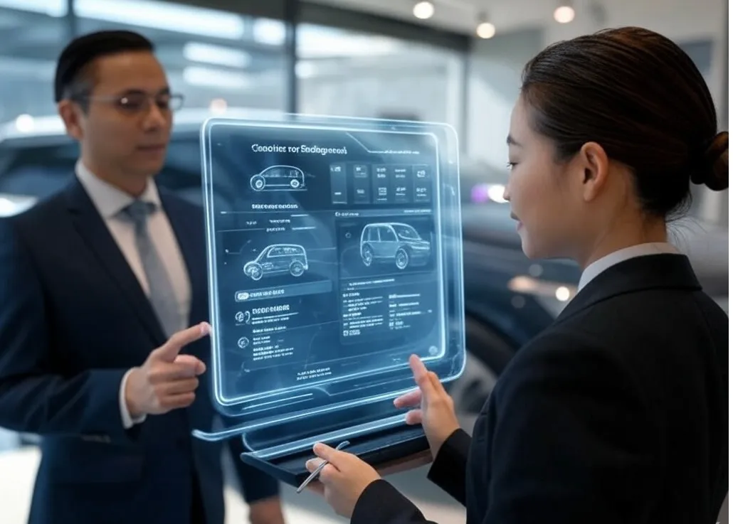 Futuristic AI assistant displaying customer preferences and vehicle details to a car salesperson in a dealership setting.