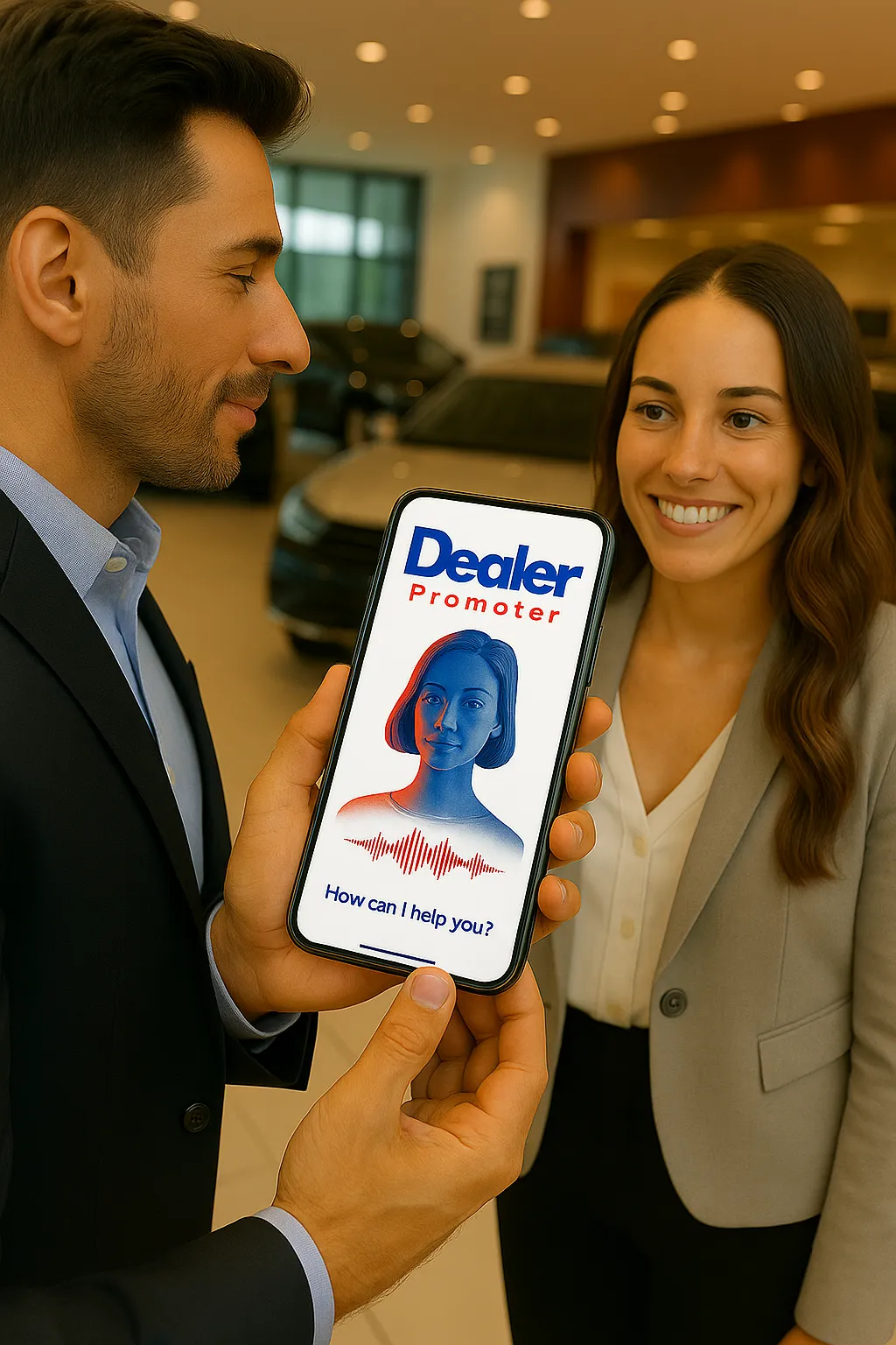 Modern car dealership showroom with sleek cars and a smartphone screen displaying a digital Voice AI assistant interacting with customers, under warm, inviting lighting.