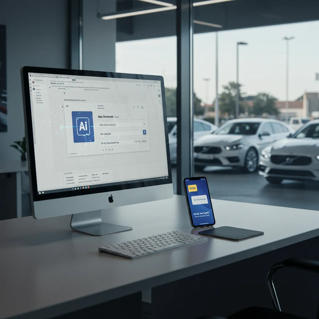 Car dealership office showing AI software automatically generating Facebook Marketplace vehicle listings, with a smartphone receiving a buyer message in real time.