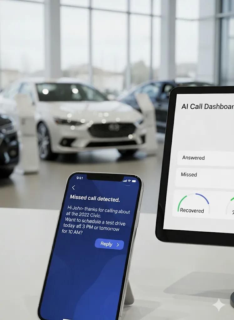 Smartphone on a dealership desk displaying a readable AI text that recovers a missed call and offers test-drive times, with a call dashboard on a nearby monitor and cars visible in the showroom.