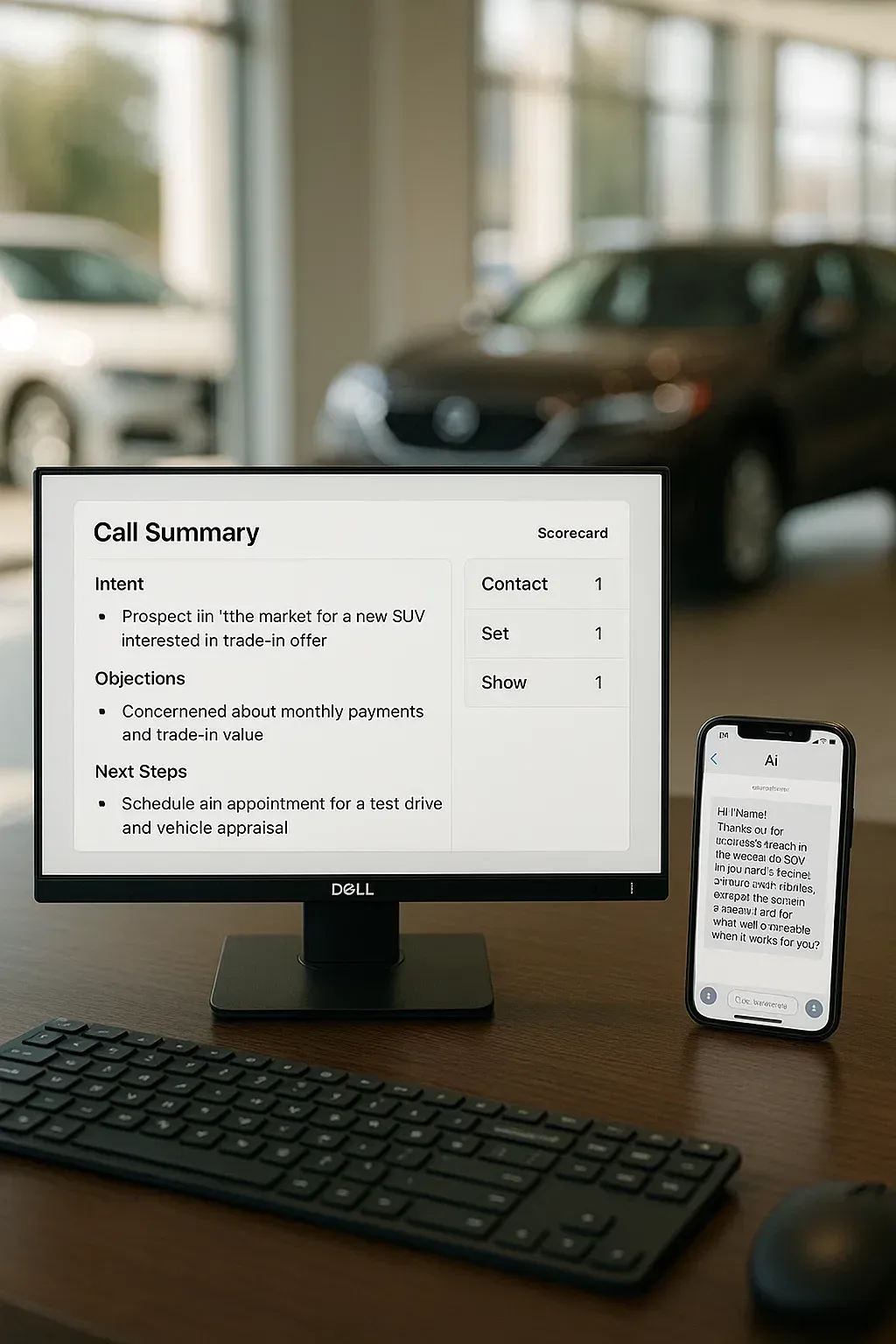 Dealership workstation showing a call summary and scorecard generated by AI, with a phone displaying a follow-up text drafted from the call.