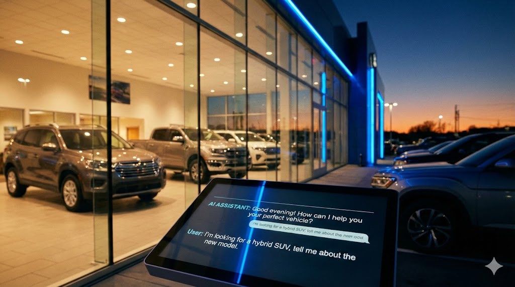 Modern car dealership showroom at dusk with an AI chat interface on a touchscreen display in the foreground and rows of SUVs and trucks on the lot behind it