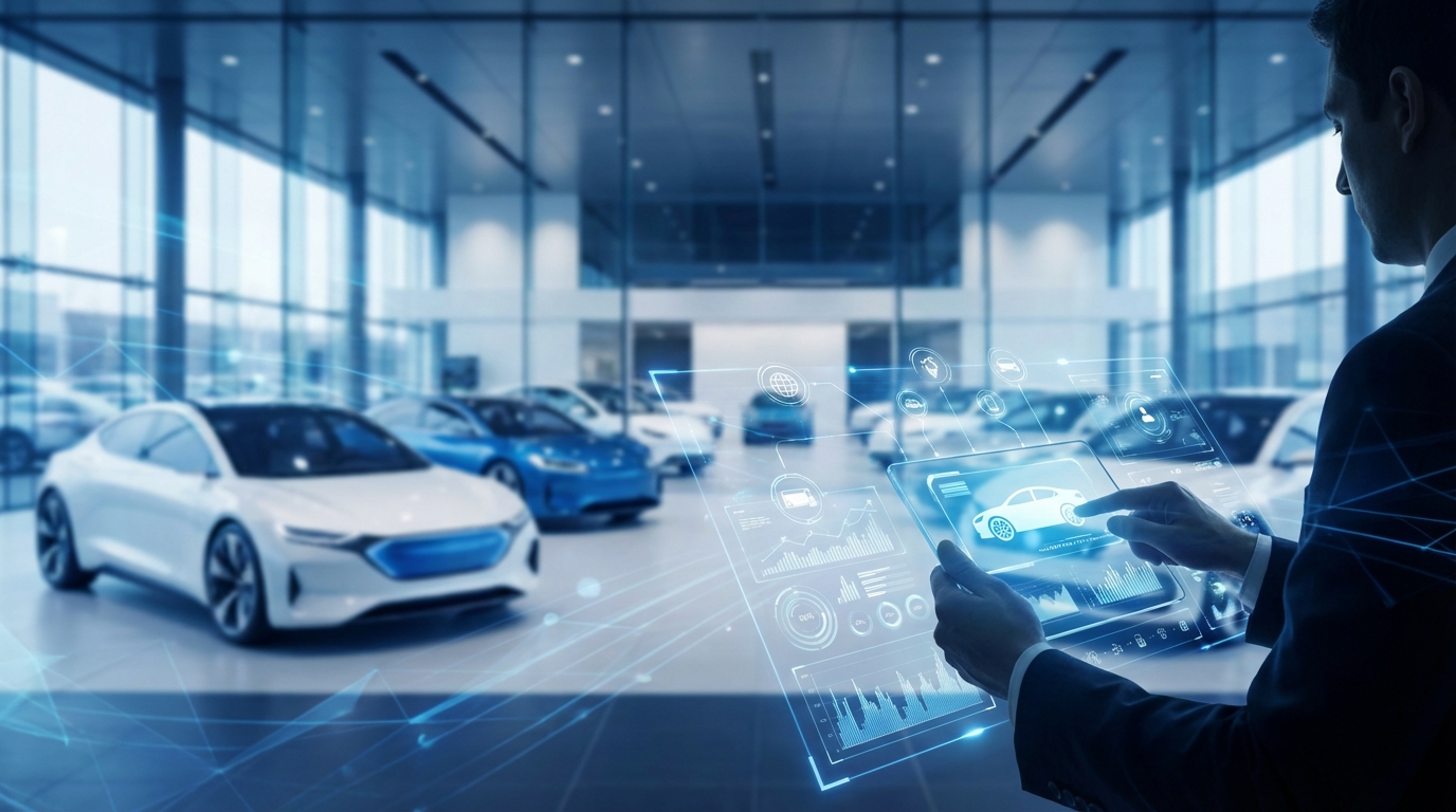 Modern car dealership showroom with salesperson using tablet to access CRM system while customer examines vehicles in background, representing efficient automotive CRM technology