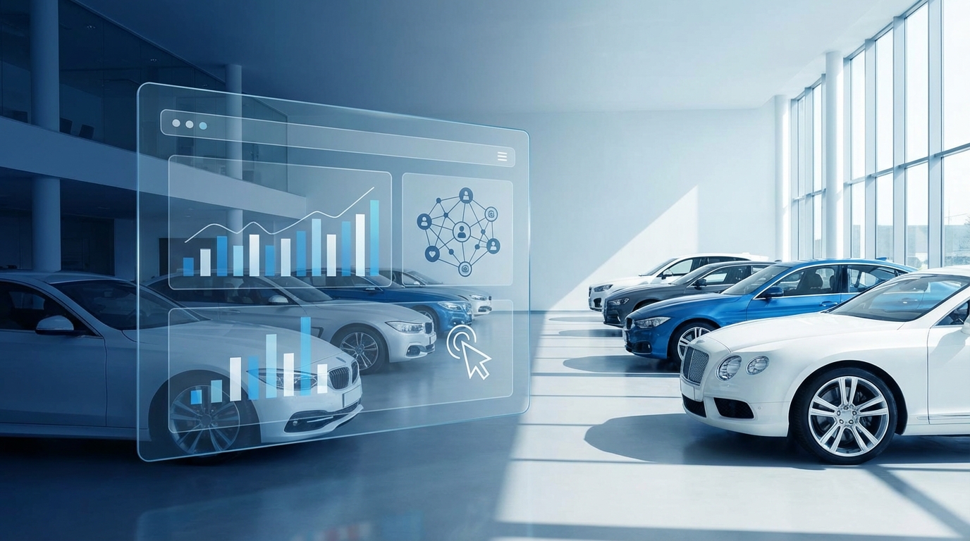 Split screen showing Facebook ads interface on left with automotive inventory carousel ads, and right side showing car dealership lot with sales team reviewing mobile analytics dashboard