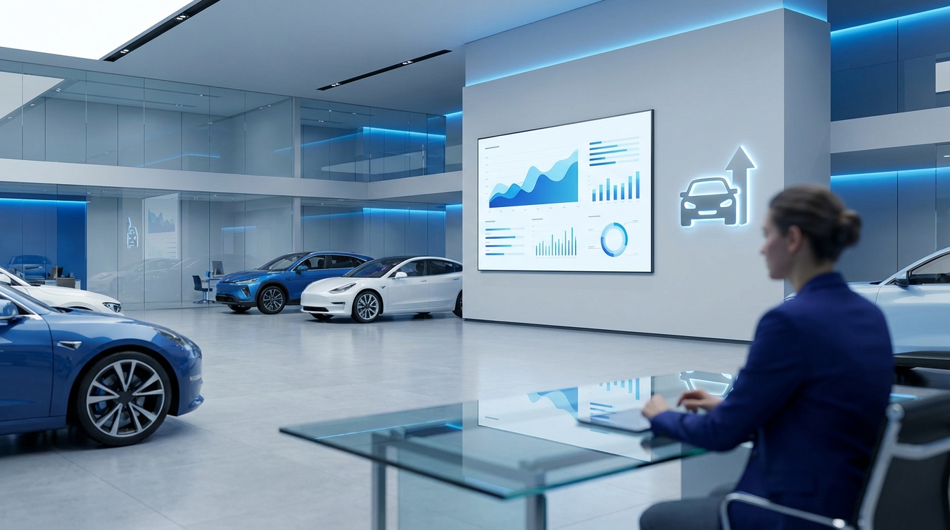 Car dealership sales team using tablets and mobile devices to track leads and inventory, showing modern automotive sales technology in action on a busy dealership lot