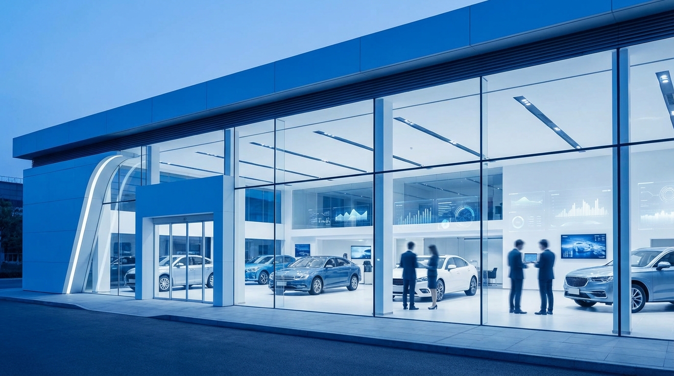 Modern car dealership showroom with digital marketing displays and AI automation technology helping sales team connect with customers through multiple channels