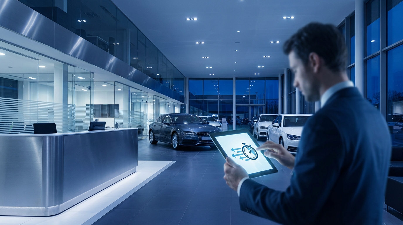 Split-screen comparison showing a frustrated car buyer checking their phone while waiting for a response, versus a satisfied customer receiving immediate attention from a responsive dealership