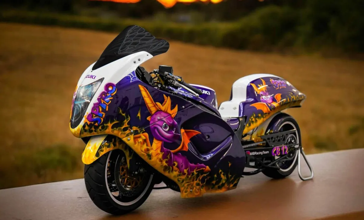 Suzuki Hayabusa Santa Pod Race Bike Airbrushed in Spiro the dragon theme