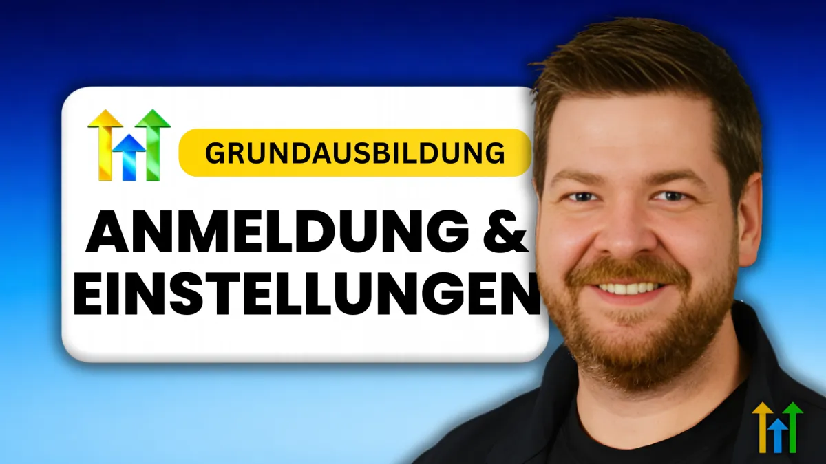 Thumbnail zur HighLevel Grundausbildung mit dem Titel „Anmeldung & Einstellungen“ und Porträt von Martin Dellwing neben grafischen Aufwärtspfeilen.