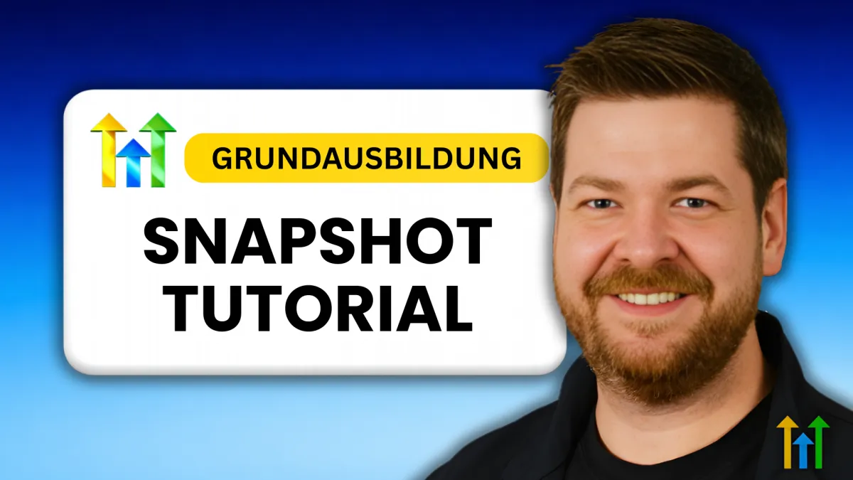 Thumbnail mit der Aufschrift „Grundausbildung Snapshot Tutorial“ und einer lächelnden Person vor blauem Hintergrund mit Pfeil-Grafiken nach oben.