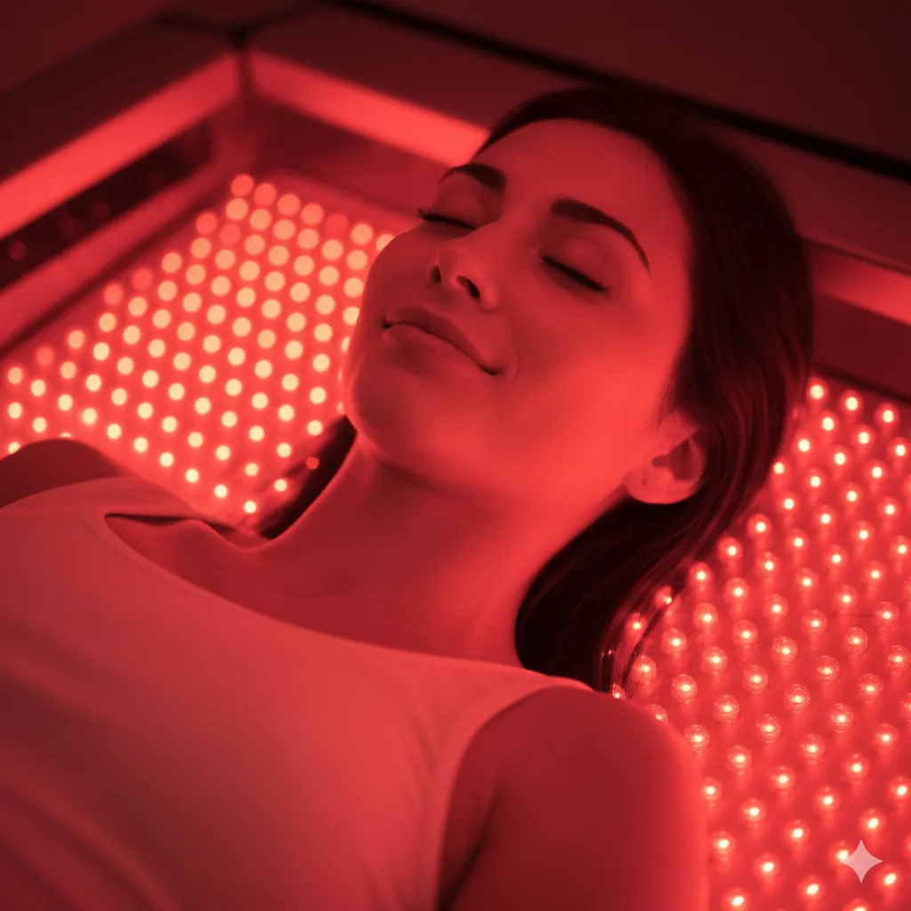 Close-up of a woman’s glowing face under red light therapy, highlighting skin rejuvenation and anti-aging benefits.