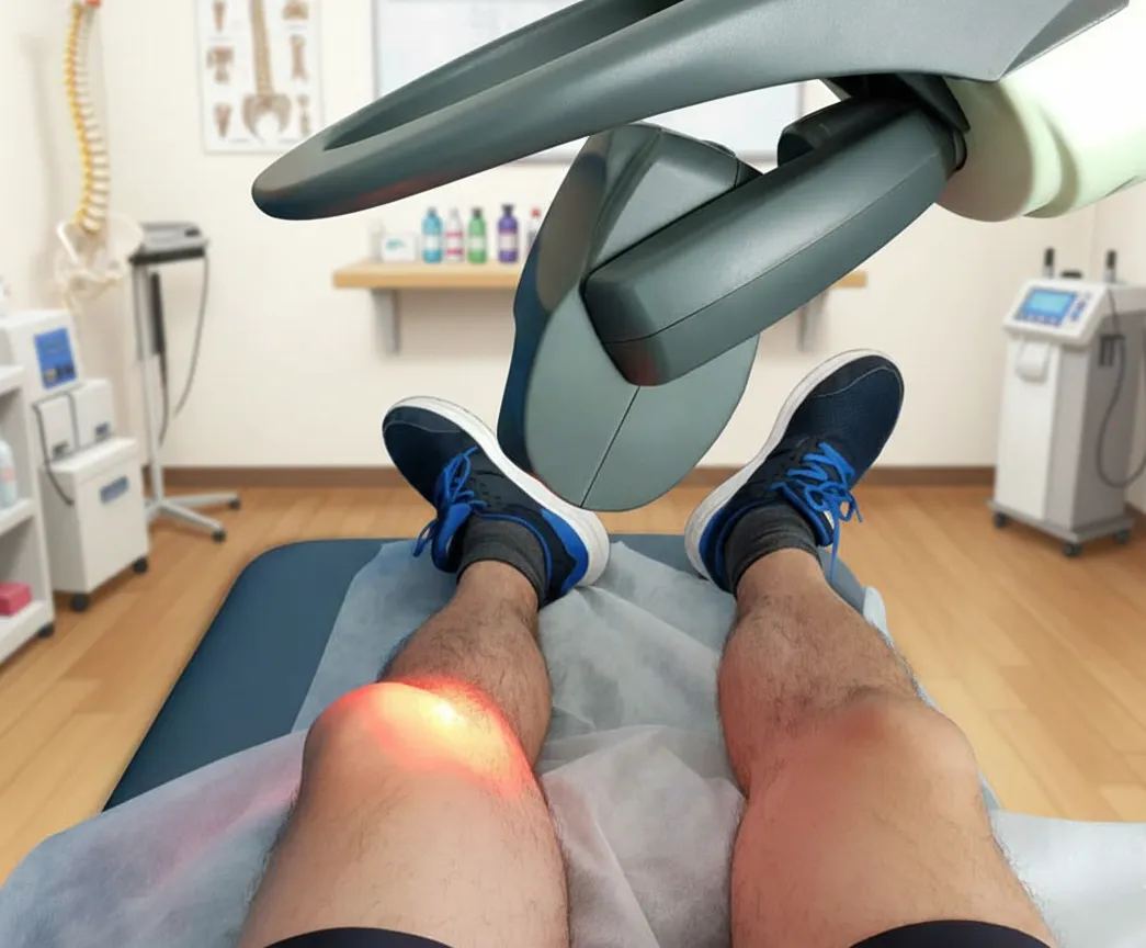 Athlete receiving MLS Laser Therapy on knee for performance recovery and injury prevention.