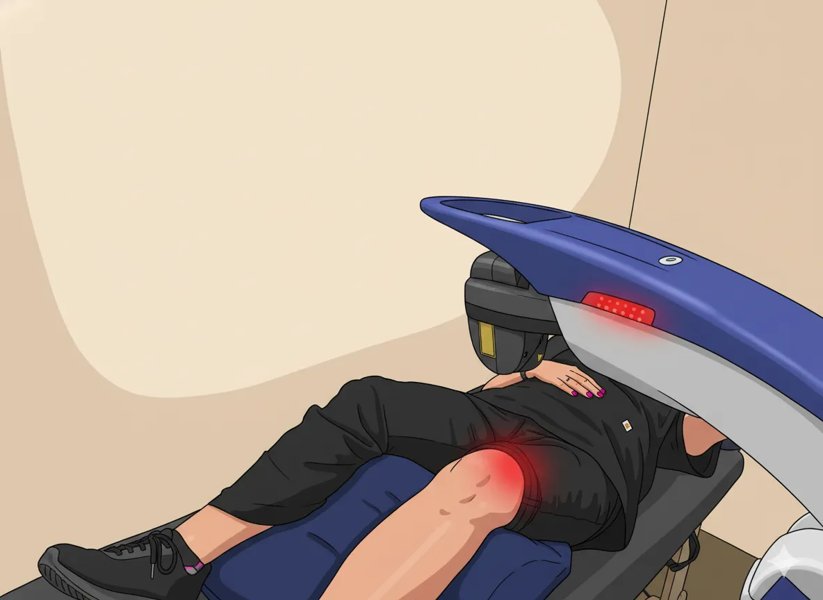 Client receiving MLS Laser Therapy on the knee in a calm, modern treatment room at Mill Creek Red Light & Laser, symbolizing pain relief and healing.”