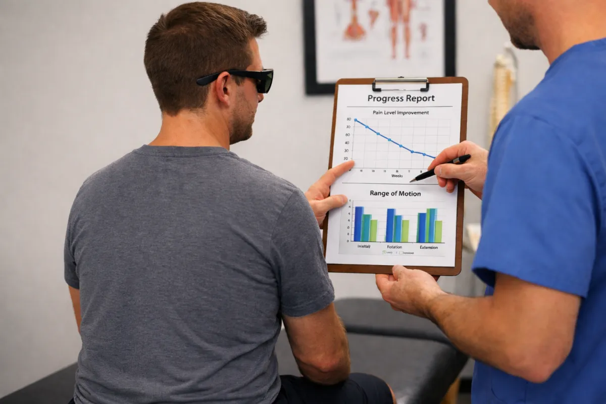 Patient reviewing progress charts with a chiropractor during MLS laser therapy treatment