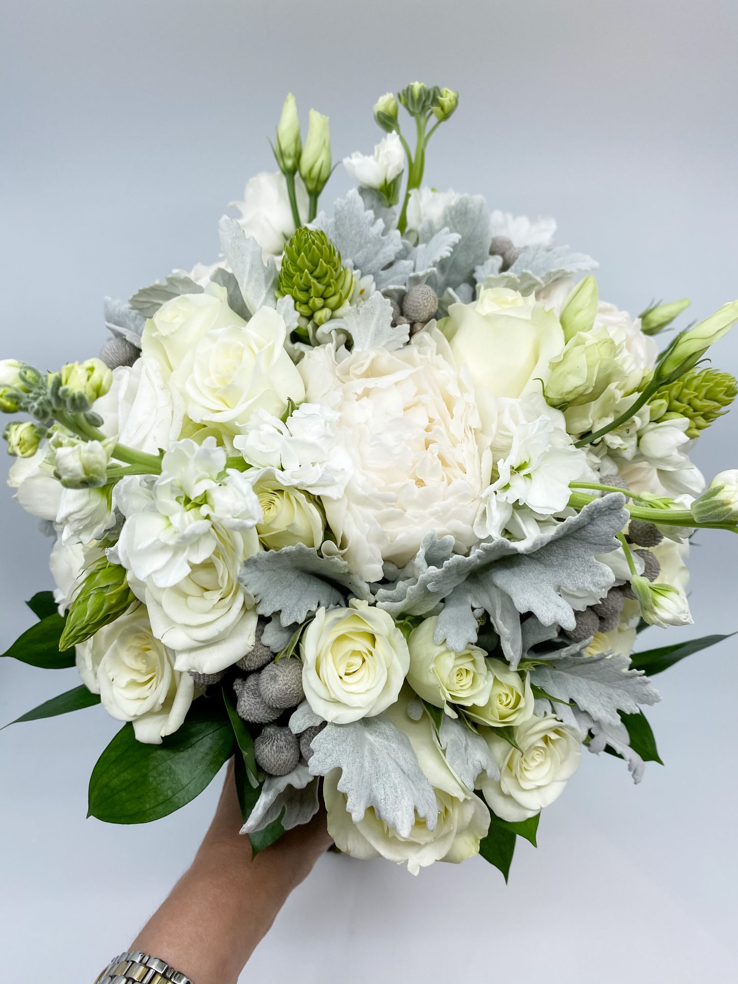 A fragrant A bridal bouquet with roses, peonies, lisianthus, and Star of Bethlehem, accented with silvery and dark greens and silver Brunia balls.bridal boqueut with roses, peonies, lisianthus, and tuberose accented with silvery and dark greens