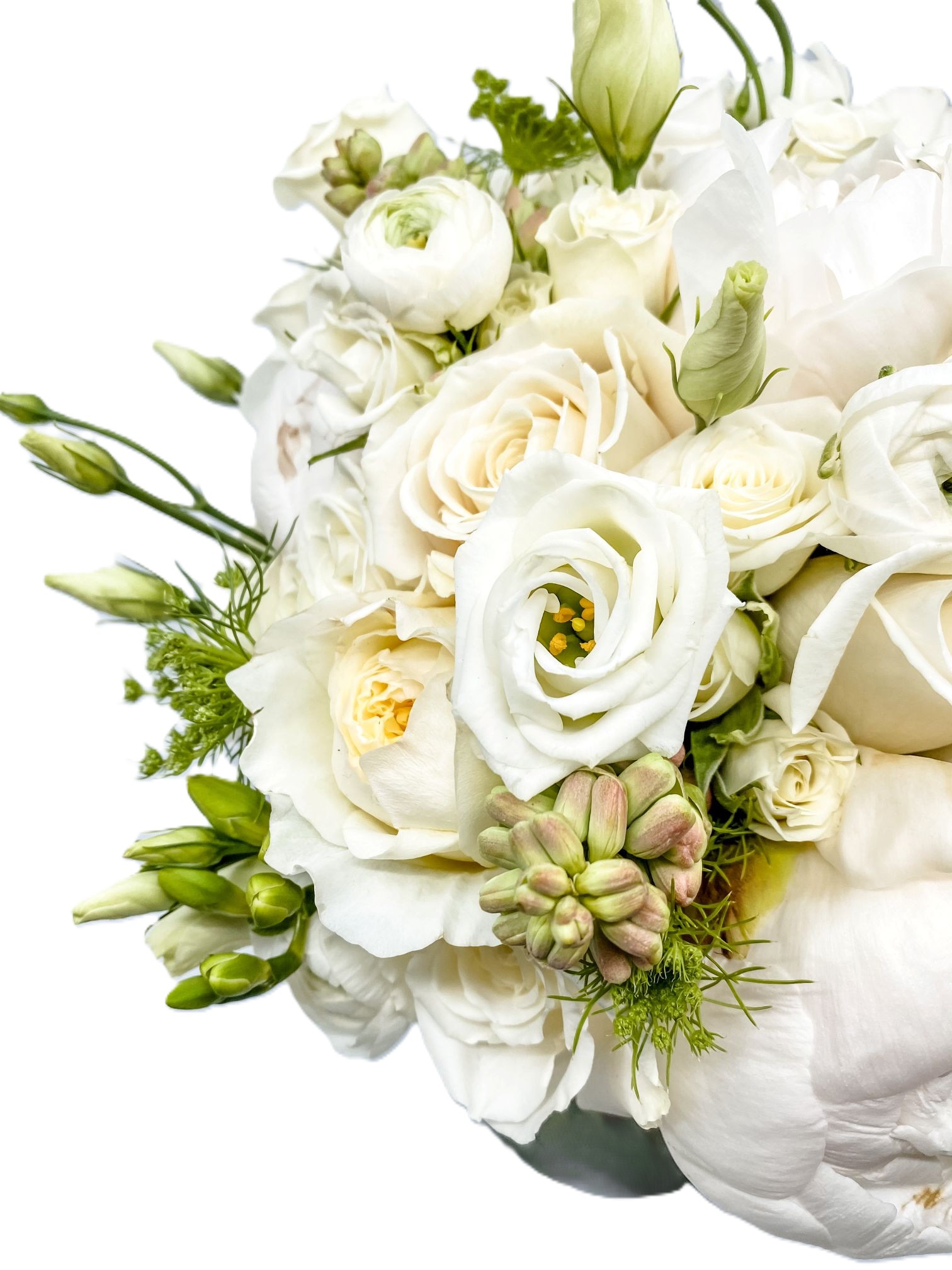 Bridal bouquet in shades of white with peonies, roses, lisianthus, Queen Anne's Lace, and tuberose. 