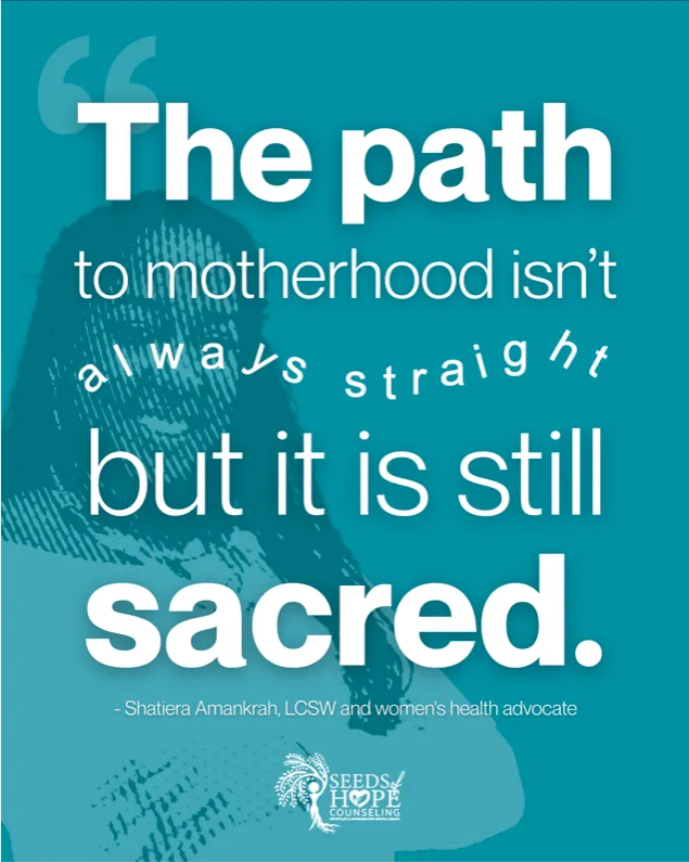 A text image of a quote "The path to motherhood isn't always straight but it's still sacred" with a blue background.