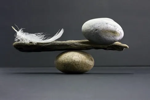 feather and a stone balancing on a stick