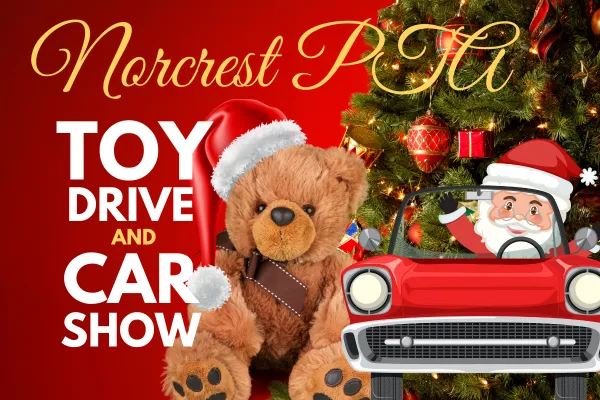 Car show and toy drive 2023 by norcrest. Banner image with text, teddy bear, christmas tree and car with santa inside