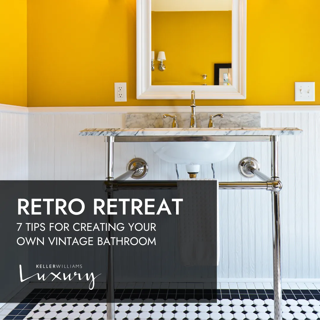 Vintage bathroom with antique dresser vanity and refurbished tiles showcasing retro charm