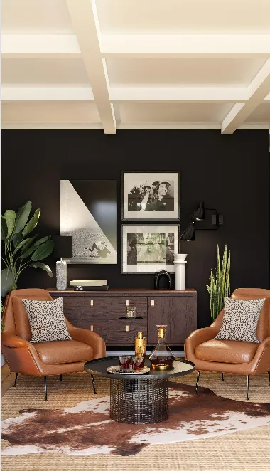 Beautifully staged living room with bold colors, curved furniture, and natural accents.