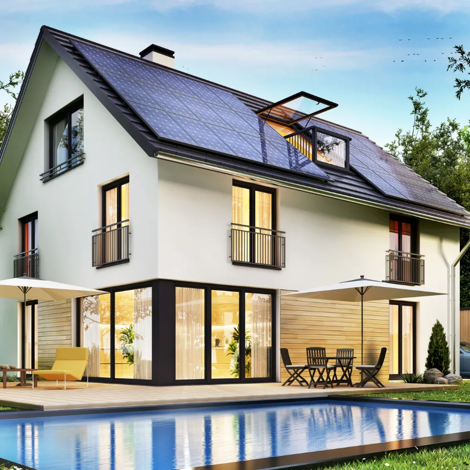 Modern luxury home with solar panels, green roof, smart lighting, and eco-friendly garden landscape.