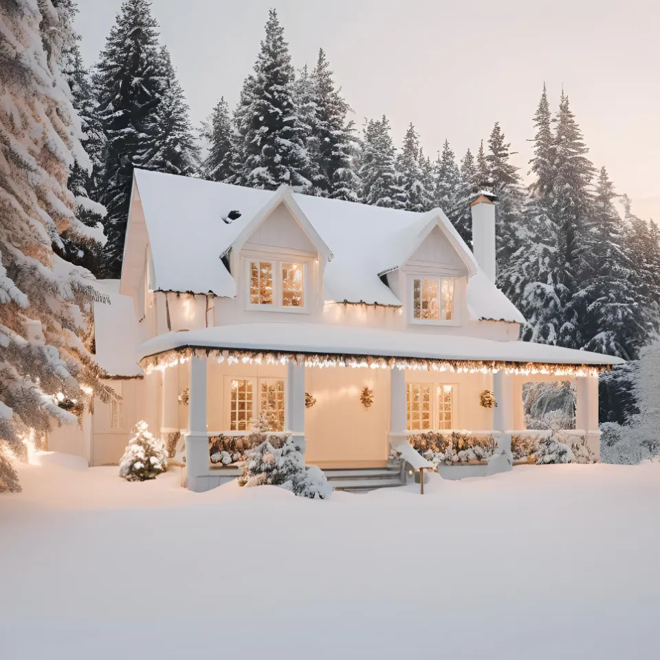 Snow-dusted home with warm lighting, greenery, and inviting winter decor.